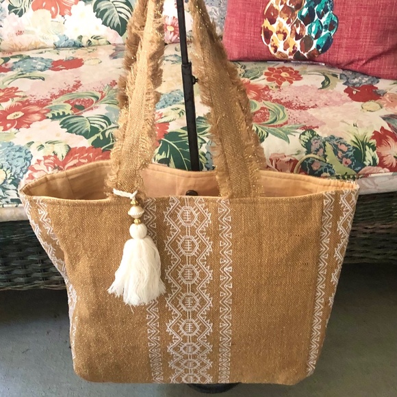 JUTE TOTE BAG ⭐️Bohemian Vibe Summer NAT/Wht Embroidered Design ⭐️Tassel NWT - Picture 2 of 9